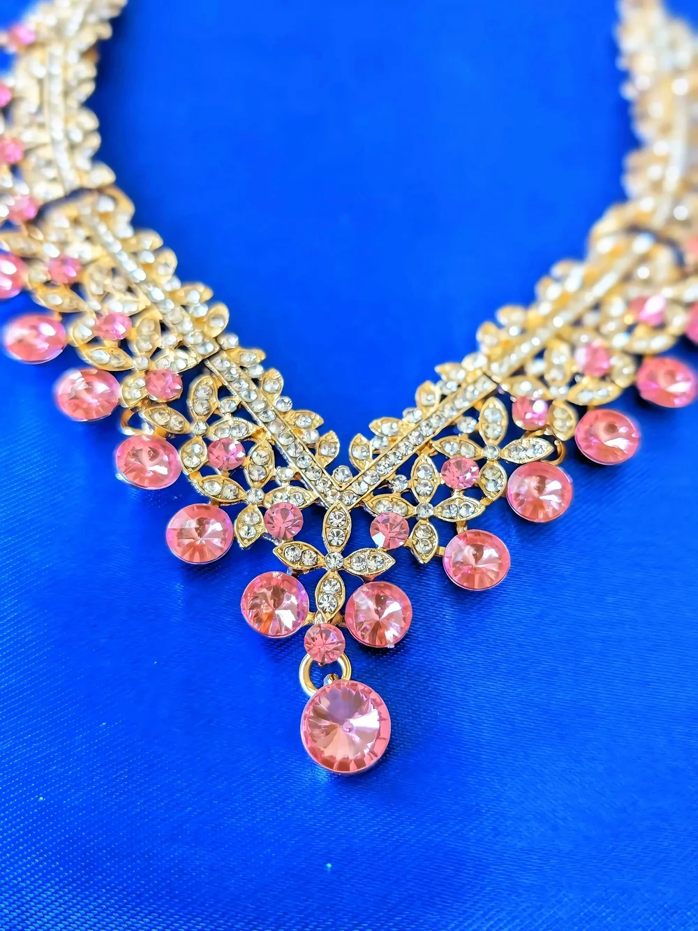 Gold Plated Pink Crystal Statement Necklace & Earring Set